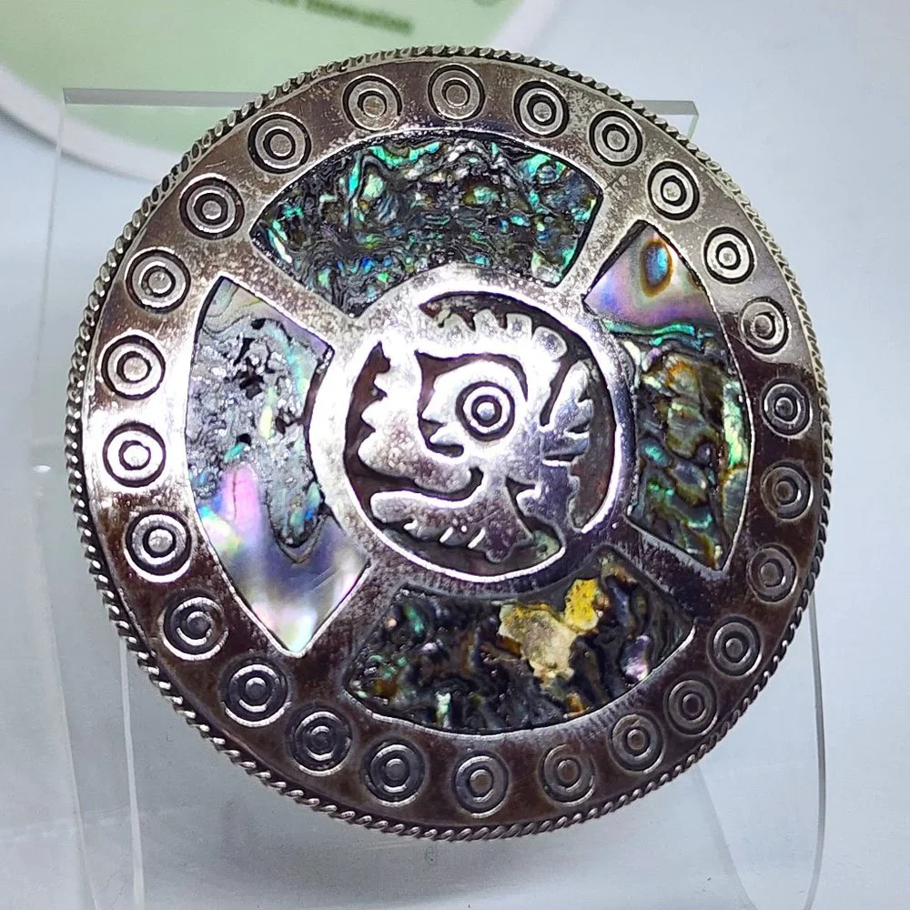 Vintage Taxco Sterling Silver Abalone Aztec Mexico Large Handmade Pin Pendant
